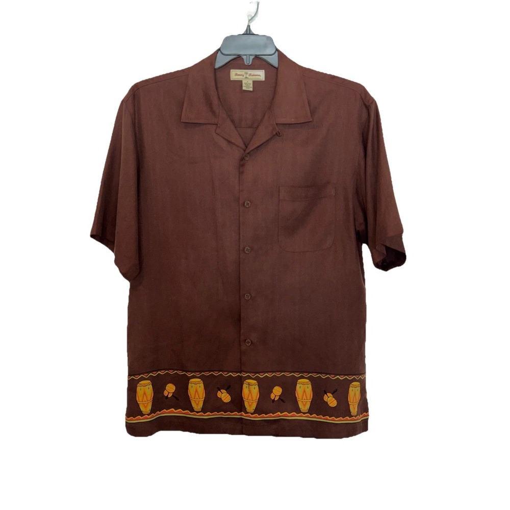 Tommy Bahama Hawaiian Shirt Men SM, Brown 100% Silk Cuban/Latin theme, Relaxed